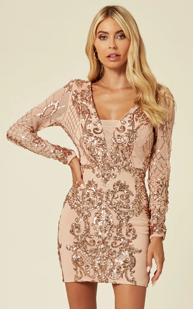 MAGIC VIP EMBELLISHED ILLUSION MAXI OCCASION DRESS WITH TASSELS and SEQUINS in ROSE GOLD | Nazz Collection | SilkFred MAGIC VIP EMBELLISHED ILLUSION MAXI OCCASION DRESS WITH TASSELS and SEQUINS in ROSE GOLD | Nazz Collection | SilkFred