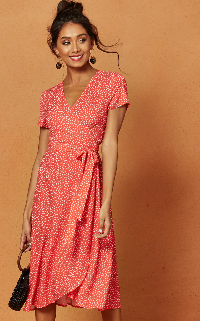 Penelope Wrap Midi Dress in Red Ditsy Print | Charlie Holiday | SilkFred Penelope Wrap Midi Dress in Red Ditsy Print | Charlie Holiday | SilkFred
