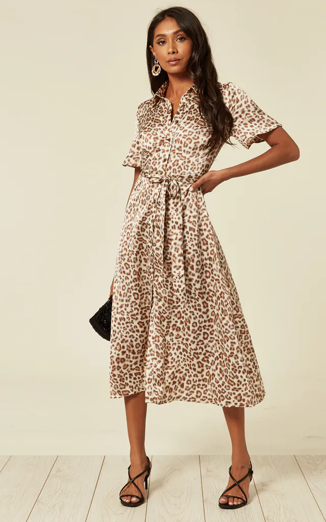 leopard print midi shirt dress leopard print midi dress with sleeves Bryony Brown Leopard Print Belted Long Sleeve Midi Shirt Dress