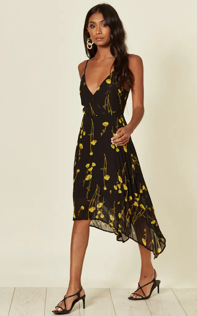 black and yellow midi dress Quiz Black & Yellow Satin Floral Midi Ruched Dress with Gold Strap Detail