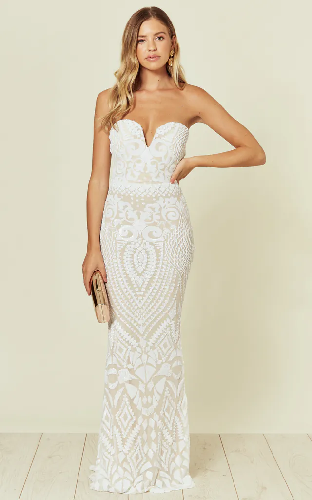 embellished fishtail maxi dress in white Embellished Fishtail Maxi Dress in White