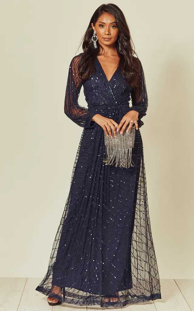 Navy Sequin Embellished Long Sleeve Maxi Dress | ANGELEYE | SilkFred Navy Sequin Embellished Long Sleeve Maxi Dress | ANGELEYE | SilkFred