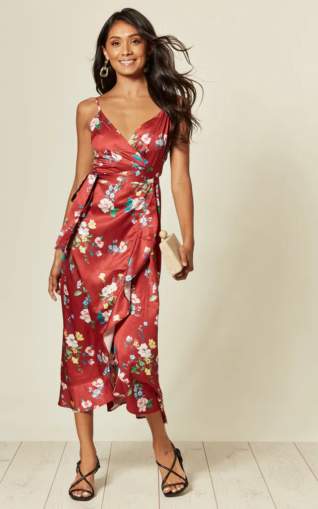 satin floral print cami midi dress Kingston Emerald Green Cami Midi Dress | SheOdessa