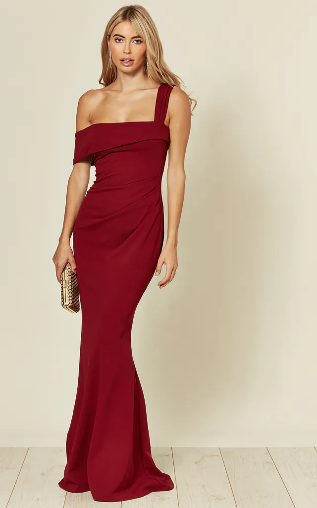 Off the Shoulder Pleated Waist Maxi Dress in Wine Red | Goddiva | SilkFred Off the Shoulder Pleated Waist Maxi Dress in Wine Red | Goddiva | SilkFred