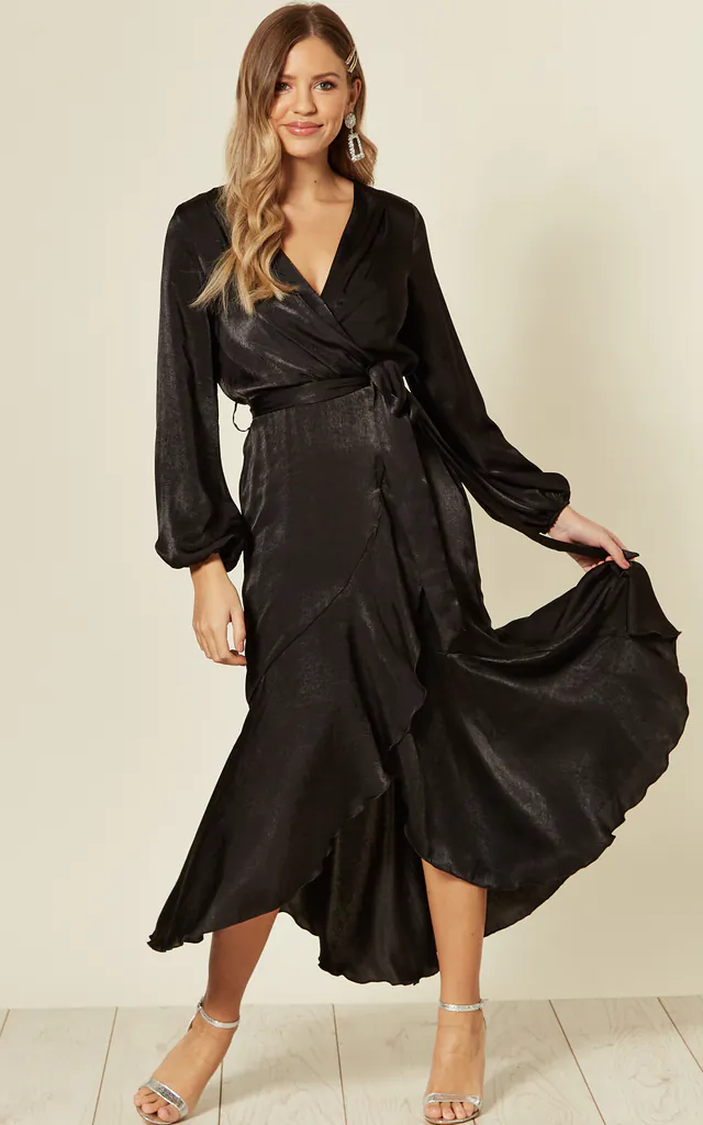 Mila Wrap Front Satin Midi Dress in Black | FLOUNCE LONDON | SilkFred Mila Wrap Front Satin Midi Dress in Black | FLOUNCE LONDON | SilkFred
