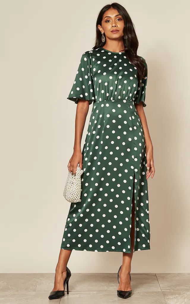 green satin polka dot dress Green Polka Dot Maxi Dress - Satin Maxi Dress - V-Neck Maxi Dress