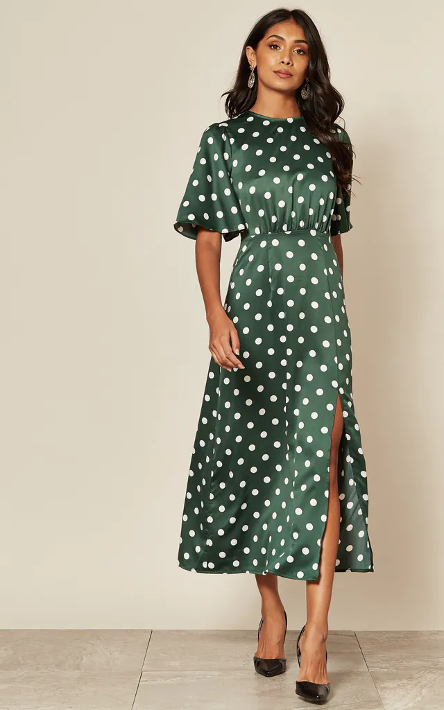 Polka Dot Satin Short Sleeve Midi Dress In Emerald Green | ANGELEYE | SilkFred Polka Dot Satin Short Sleeve Midi Dress In Emerald Green | ANGELEYE | SilkFred