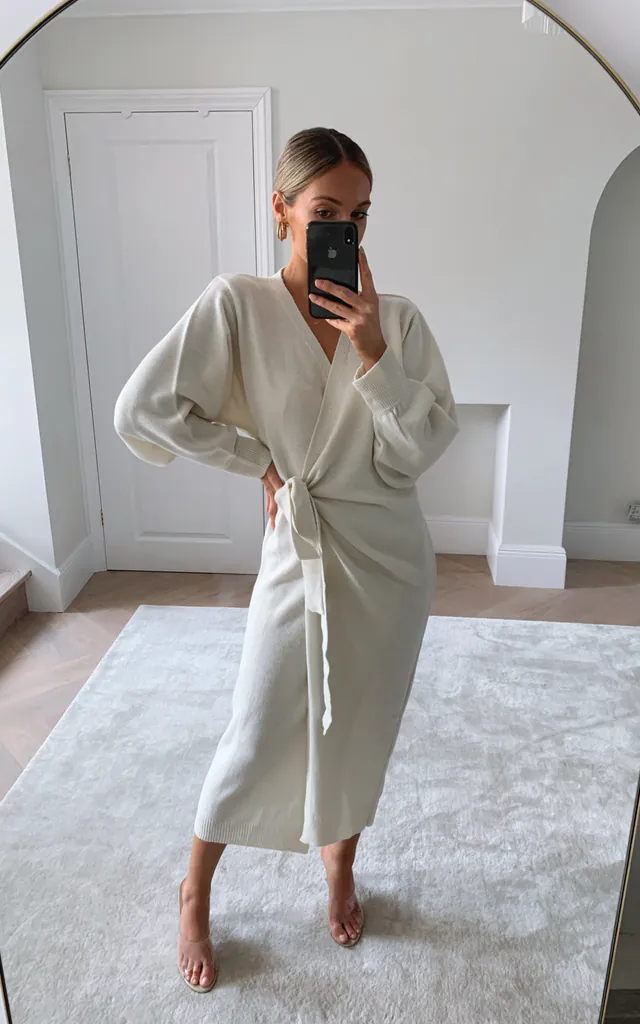 cream wrap midi dress Hardware Short Sleeve Scuba V-Neck, Irena Midi Dress in Cream, Size L, For Graduation