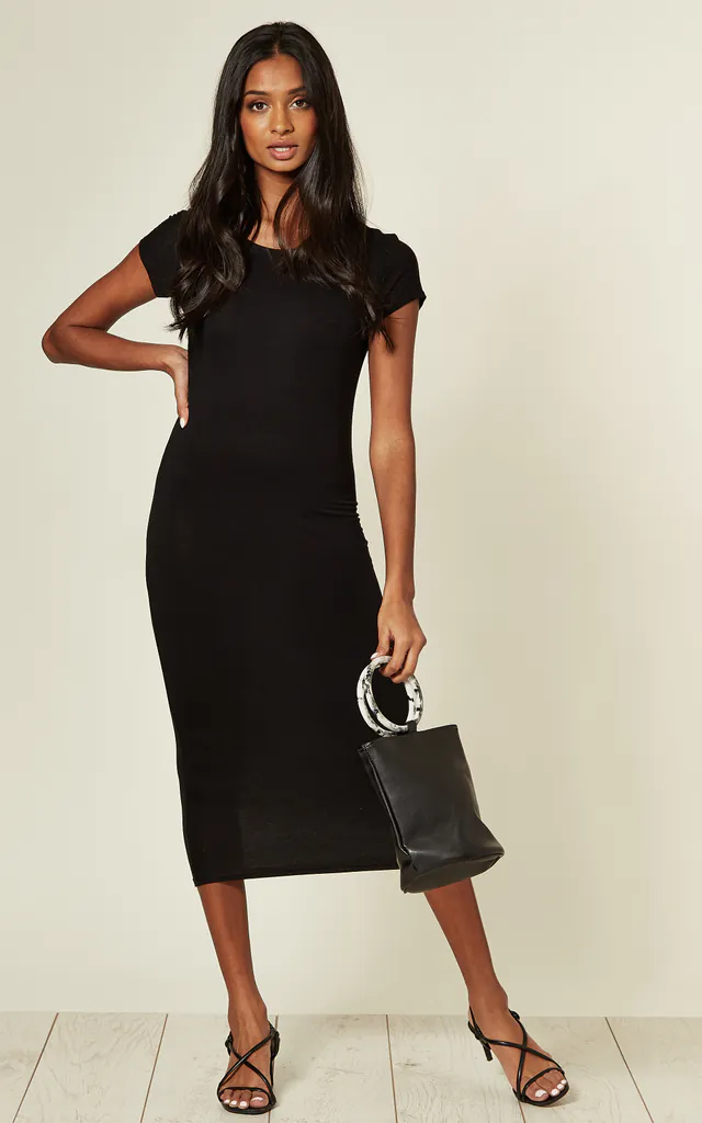 Black Cap Sleeve Bodycon Midi Dress | AFTERSHOCK LONDON | SilkFred Black Cap Sleeve Bodycon Midi Dress | AFTERSHOCK LONDON | SilkFred