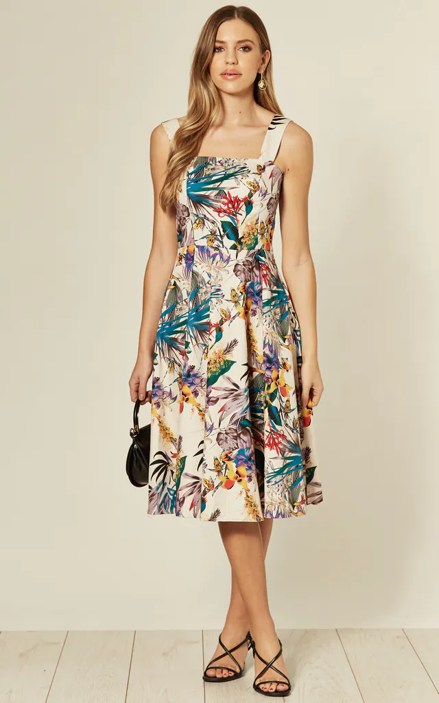 cotton midi skater dress Lanie Skater Floral Cotton Midi Dress Blue | Wedding Guest Dress | Midi