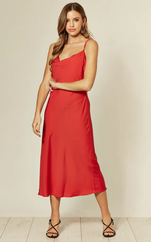 Cowl Neck Satin Slip Cami Midi Dress in Red | HOXTON GAL | SilkFred Cowl Neck Satin Slip Cami Midi Dress in Red | HOXTON GAL | SilkFred
