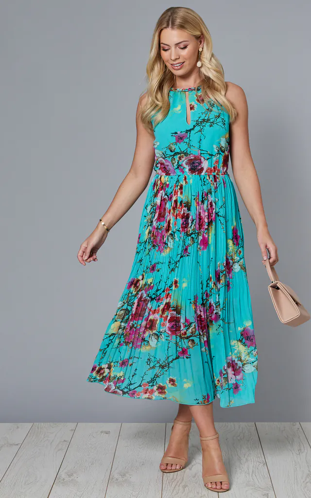 ESHAL Keyhole Tie Neck Pleated Floral Midi Dress | Blue Vanilla | SilkFred ESHAL Keyhole Tie Neck Pleated Floral Midi Dress | Blue Vanilla | SilkFred