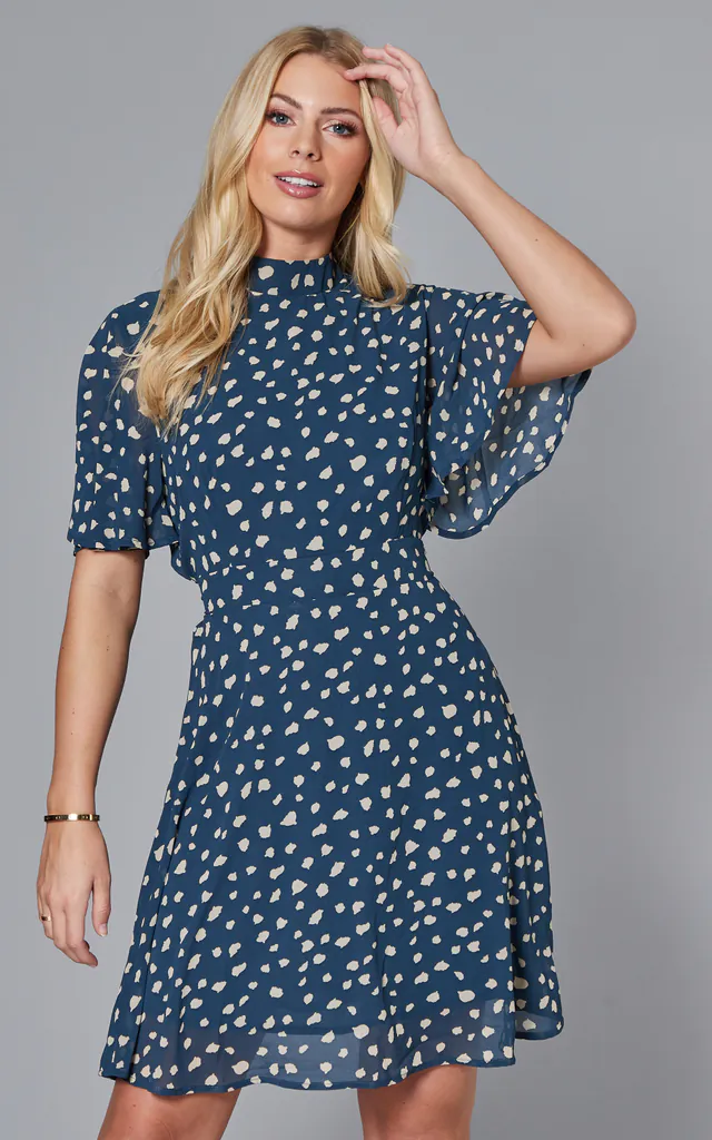 SAFAA Angel Sleeve Fit & Flare Dress in Denim Print | Blue Vanilla | SilkFred SAFAA Angel Sleeve Fit & Flare Dress in Denim Print | Blue Vanilla | SilkFred