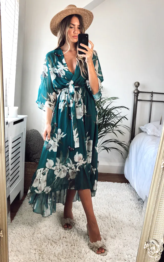 Kimono Wrap Floral Dress Dark Green | URBAN TOUCH | SilkFred Kimono Wrap Floral Dress Dark Green | URBAN TOUCH | SilkFred