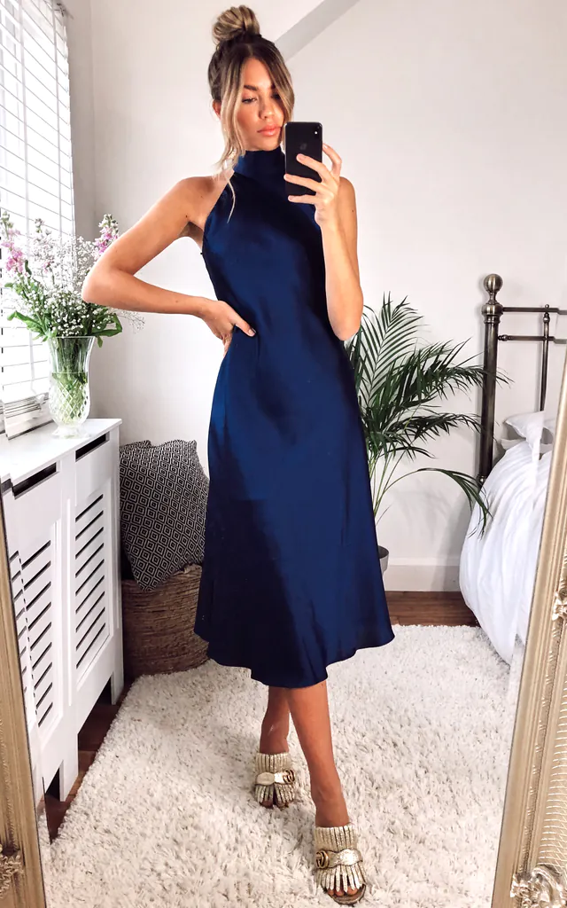 Halterneck Satin Midi Dress Navy | URBAN TOUCH | SilkFred Halterneck Satin Midi Dress Navy | URBAN TOUCH | SilkFred