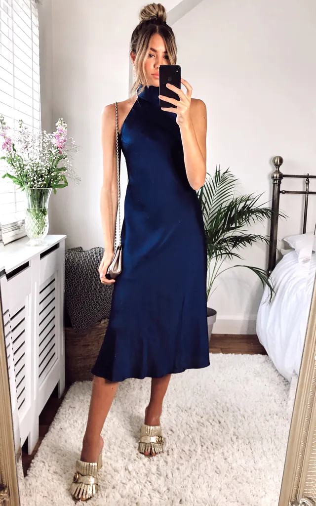 Halterneck Satin Midi Dress Navy | URBAN TOUCH | SilkFred Halterneck Satin Midi Dress Navy | URBAN TOUCH | SilkFred