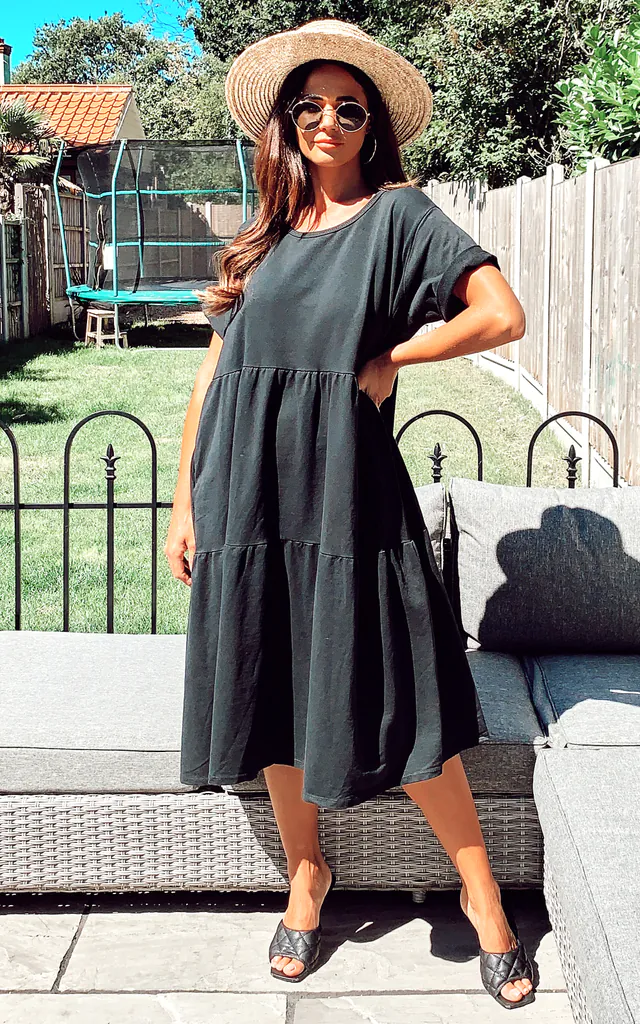 DIANA - Tiered Midi Smock Dress In Black | Blue Vanilla | SilkFred DIANA - Tiered Midi Smock Dress In Black | Blue Vanilla | SilkFred