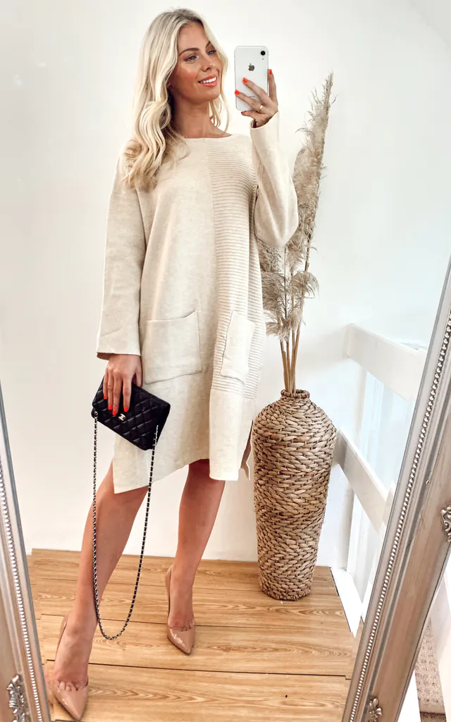 Oversized Knitted Ribbed Jumper Dress in Beige | CY Boutique | SilkFred Oversized Knitted Ribbed Jumper Dress in Beige | CY Boutique | SilkFred