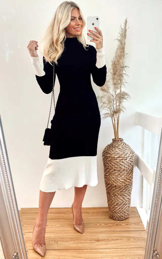Soft knitted Ribbed midi bodycon dress in black cream contrast design | CY Boutique | SilkFred Soft knitted Ribbed midi bodycon dress in black cream contrast design | CY Boutique | SilkFred