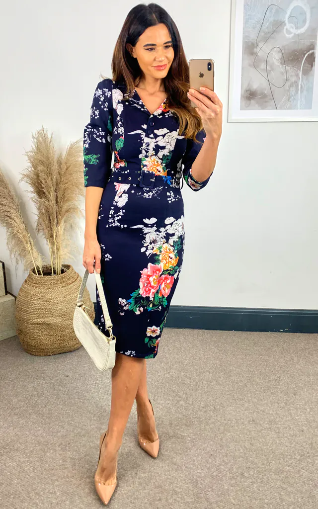 Iris Floral Shirt Collar Belted Bodycon Pencil Dress | Hearts and Roses London | SilkFred Iris Floral Shirt Collar Belted Bodycon Pencil Dress | Hearts and Roses London | SilkFred