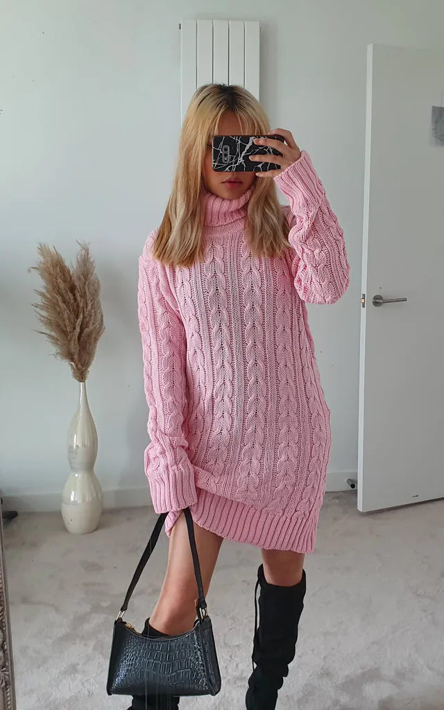 Pink Turtleneck Cable Knit Jumper Dress | GIGILAND UK | SilkFred Pink Turtleneck Cable Knit Jumper Dress | GIGILAND UK | SilkFred