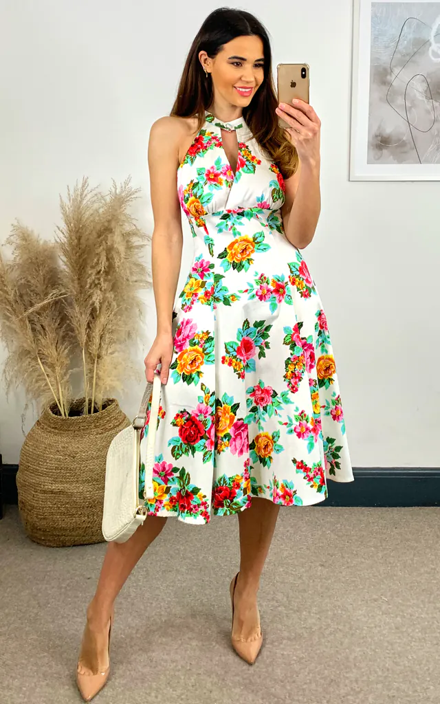 Fae Floral Halter Neck Midi Skater Dress | Hearts and Roses London | SilkFred Fae Floral Halter Neck Midi Skater Dress | Hearts and Roses London | SilkFred
