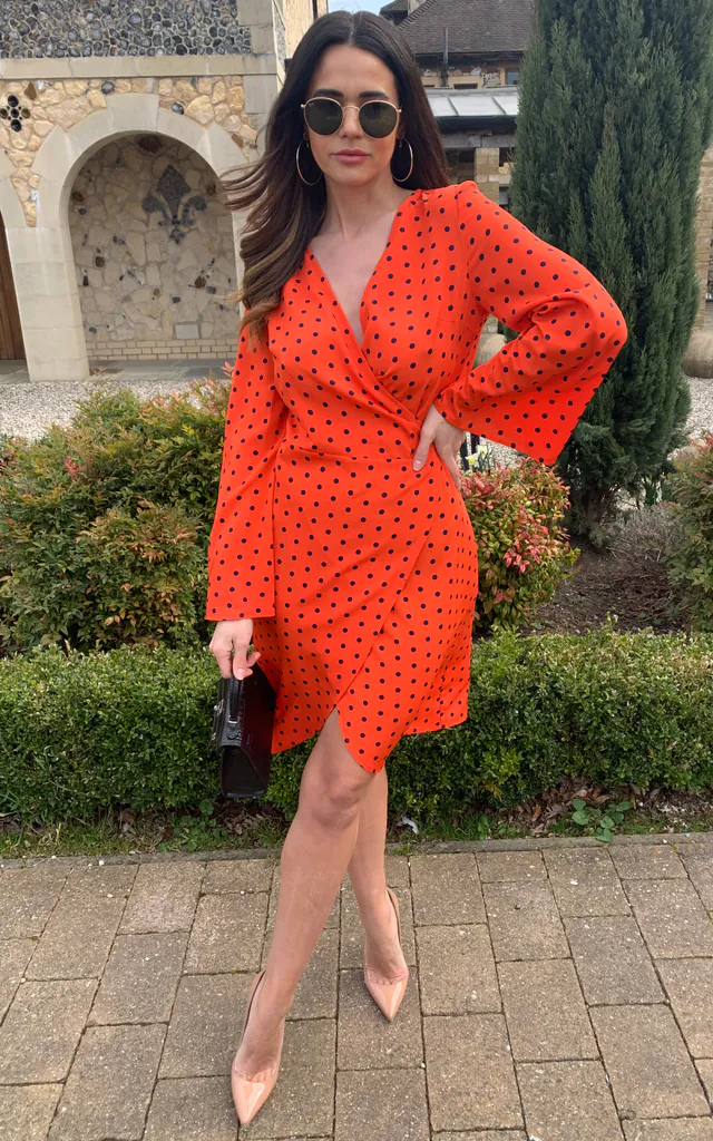 Long sleeve Polka dot Mid wrap dress in Blood Orange | D.Anna | SilkFred Long sleeve Polka dot Mid wrap dress in Blood Orange | D.Anna | SilkFred