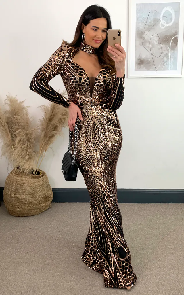 Amira Black & Rose Gold Luxe Sequin Embellished Cut Out High Neck Mesh Hourglass Illusion Maxi Fishtail Dress | Nazz Collection | SilkFred Amira Black & Rose Gold Luxe Sequin Embellished Cut Out High Neck Mesh Hourglass Illusion Maxi Fishtail Dress | Nazz Collection | SilkFred