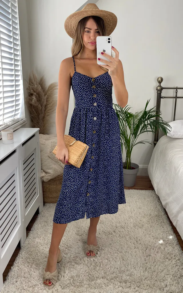 Floral Print Button Through Strappy Midi Dress In Navy | Miss Floral | SilkFred Floral Print Button Through Strappy Midi Dress In Navy | Miss Floral | SilkFred