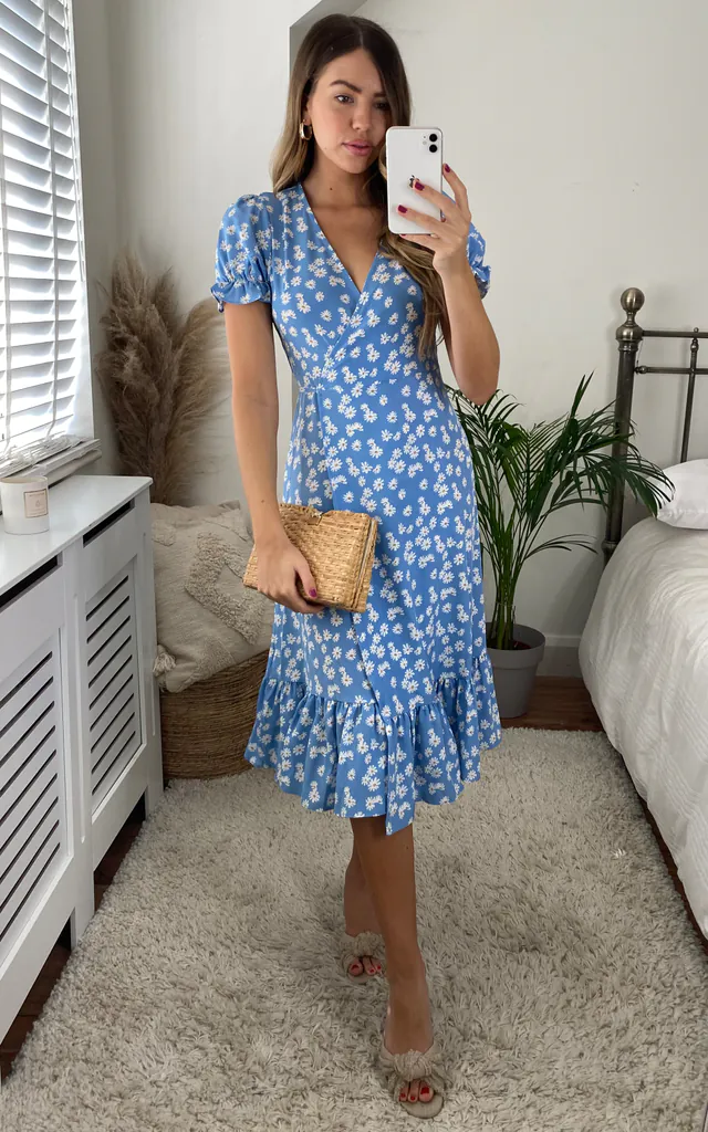 Daisy Print Ruffle Hem Midi Wrap Dress In Blue | Miss Floral | SilkFred Daisy Print Ruffle Hem Midi Wrap Dress In Blue | Miss Floral | SilkFred