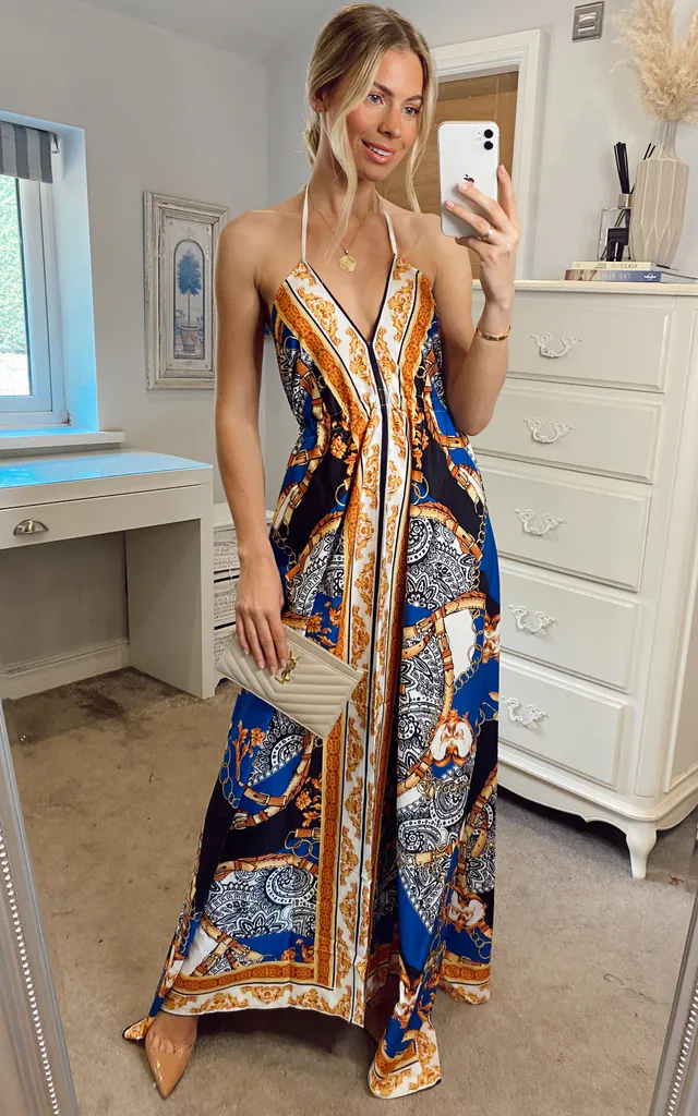 Strappy flowy maxi dress in chain scarf print | CY Boutique | SilkFred Strappy flowy maxi dress in chain scarf print | CY Boutique | SilkFred