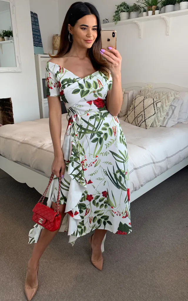 bardot off shoulder frill midi dress Exclusive Bardot Off Shoulder Frill Midi Print Dress Royal Blue | Feverfish