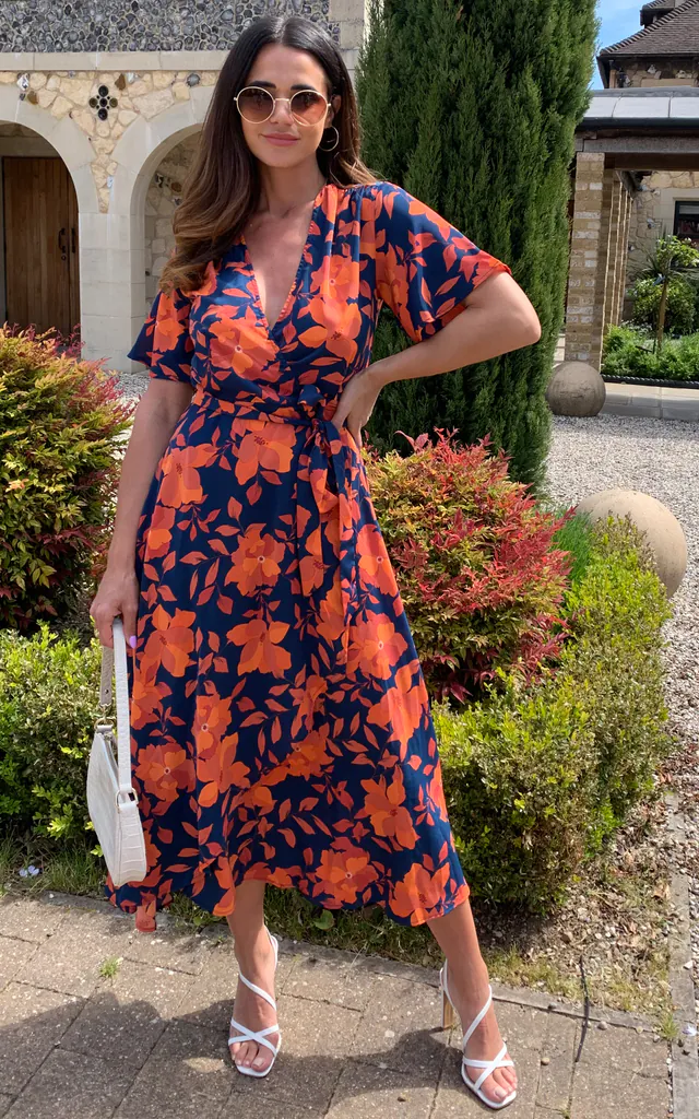 Orange/navy floral print plunge neck midi wrap dress | D.Anna | SilkFred Orange/navy floral print plunge neck midi wrap dress | D.Anna | SilkFred