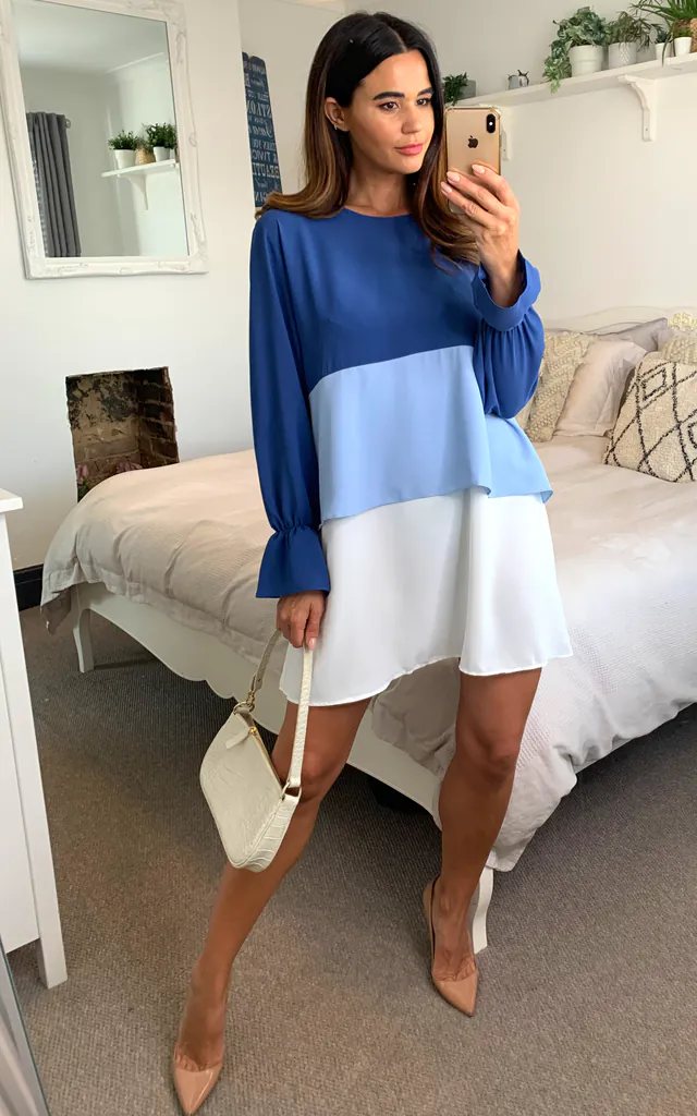 Oversized Crepe Colour Block Dress in Blue, Aqua Blue and White | HOXTON GAL | SilkFred Oversized Crepe Colour Block Dress in Blue, Aqua Blue and White | HOXTON GAL | SilkFred