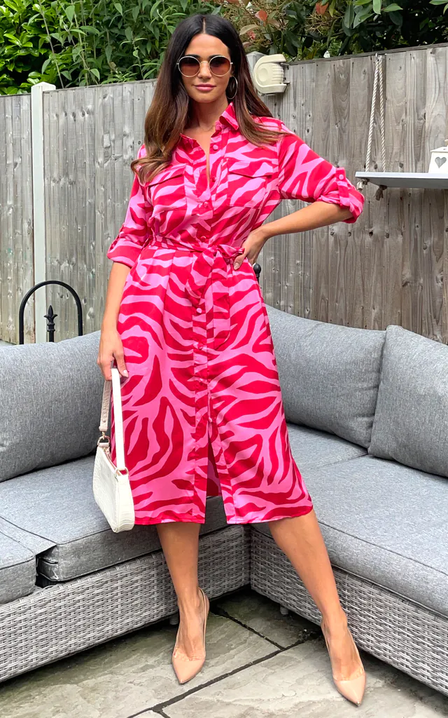 Pink and Red Zebra Print Midi Shirt Dress | Liquorish | SilkFred Pink and Red Zebra Print Midi Shirt Dress | Liquorish | SilkFred