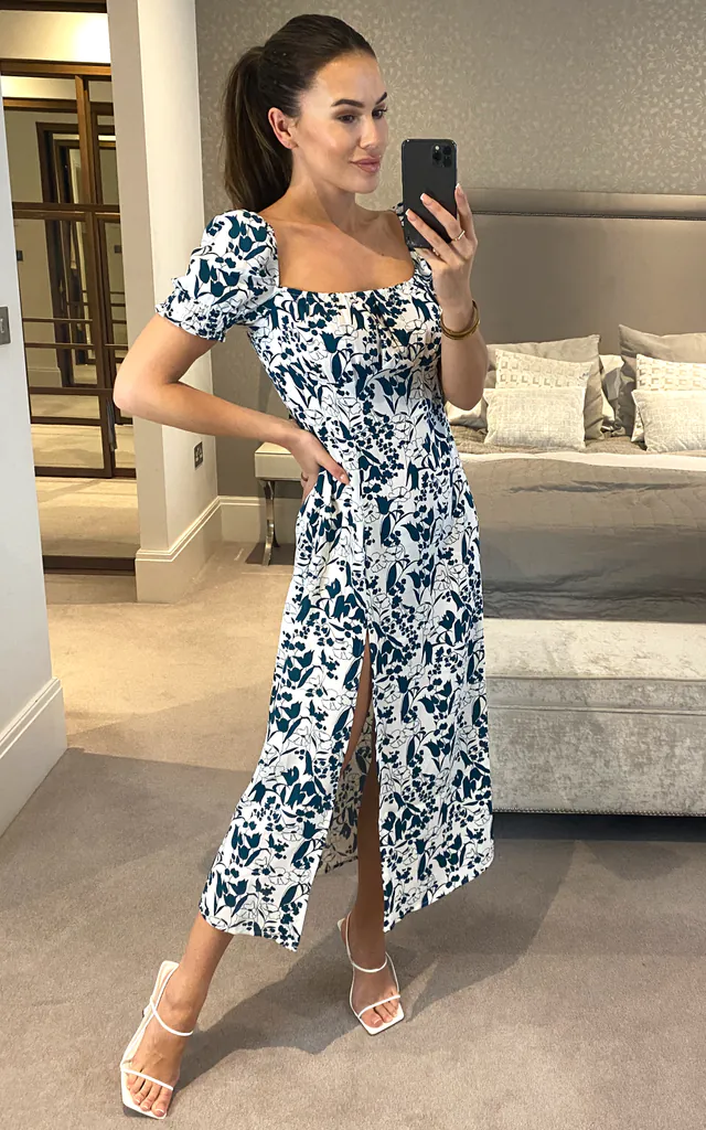 Green/white floral smock bardot wrap dress with front slit | D.Anna | SilkFred Green/white floral smock bardot wrap dress with front slit | D.Anna | SilkFred