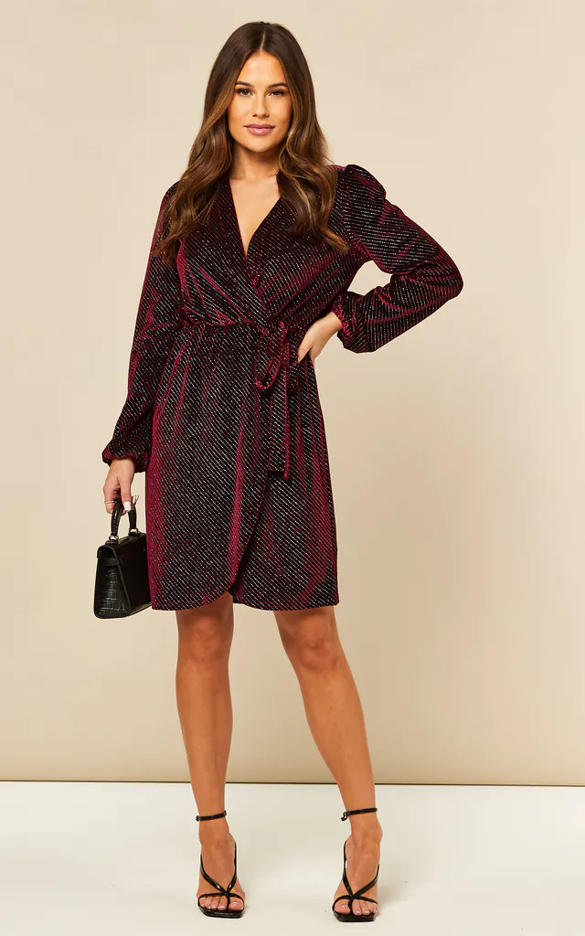 Velvet Wrap Rhinestone Mini Dress in Burgundy | ANGELEYE | SilkFred Velvet Wrap Rhinestone Mini Dress in Burgundy | ANGELEYE | SilkFred