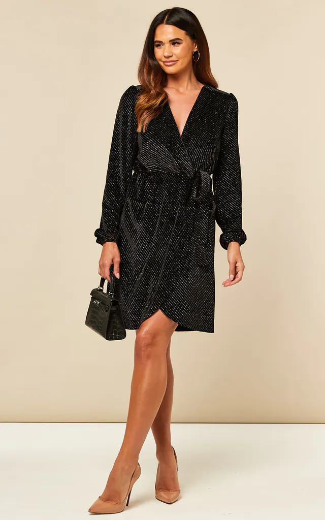 Velvet Wrap Rhinestone Mini Dress in Black | ANGELEYE | SilkFred Velvet Wrap Rhinestone Mini Dress in Black | ANGELEYE | SilkFred