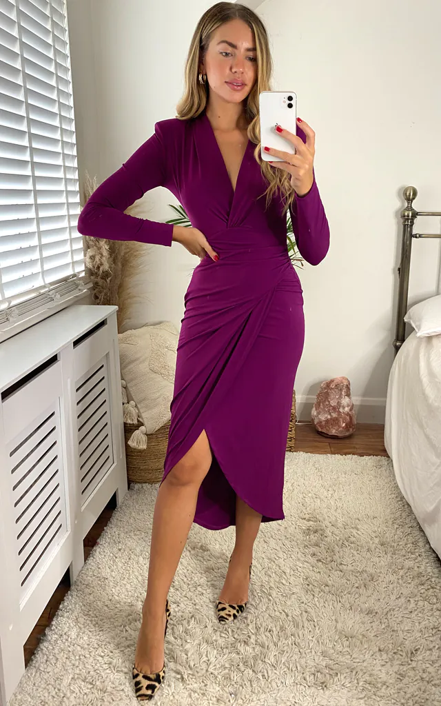 Midi Wrap Style long sleeves Dress In Fuchsia Colour | Jenerique | SilkFred Midi Wrap Style long sleeves Dress In Fuchsia Colour | Jenerique | SilkFred