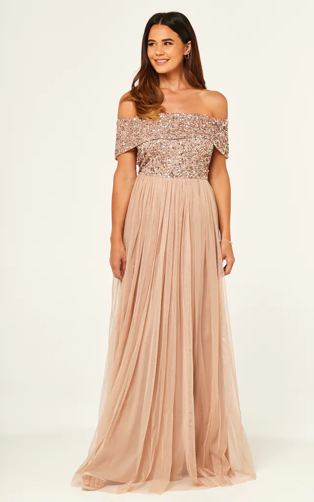 maya blush bridesmaid dresses Maya Deluxe Tall Bridesmaid V Neck Maxi Tulle Dress, Taupe Blush Size 00 Petite