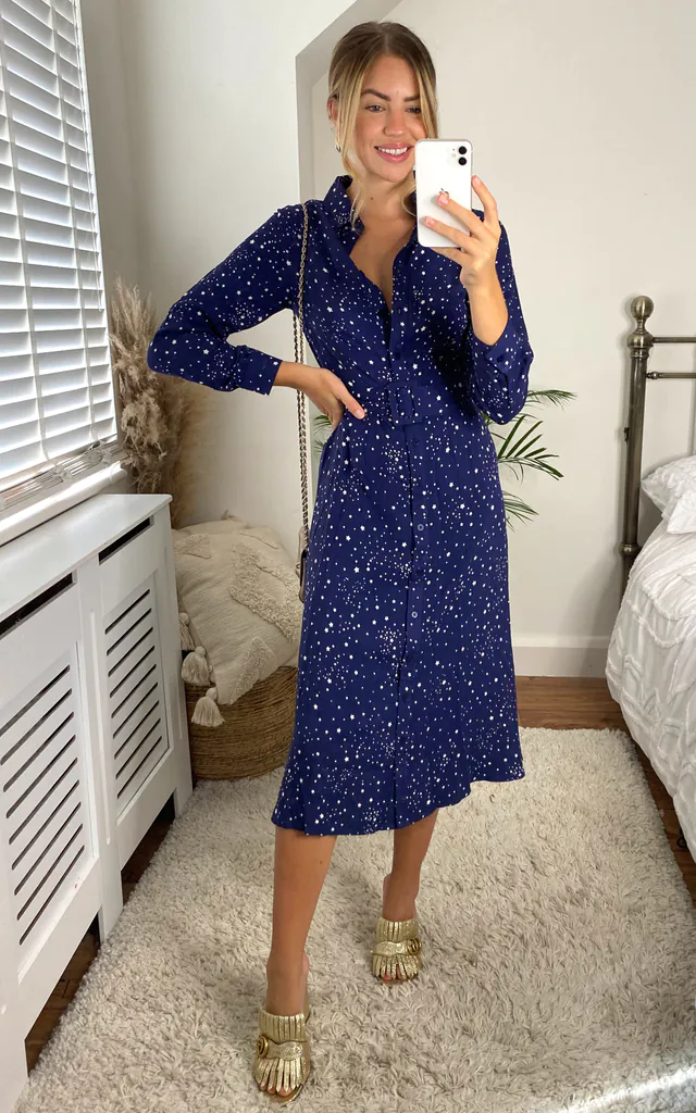 Dana Star Print Midi Shirt Dress- Navy | SlayTwins | SilkFred Dana Star Print Midi Shirt Dress- Navy | SlayTwins | SilkFred