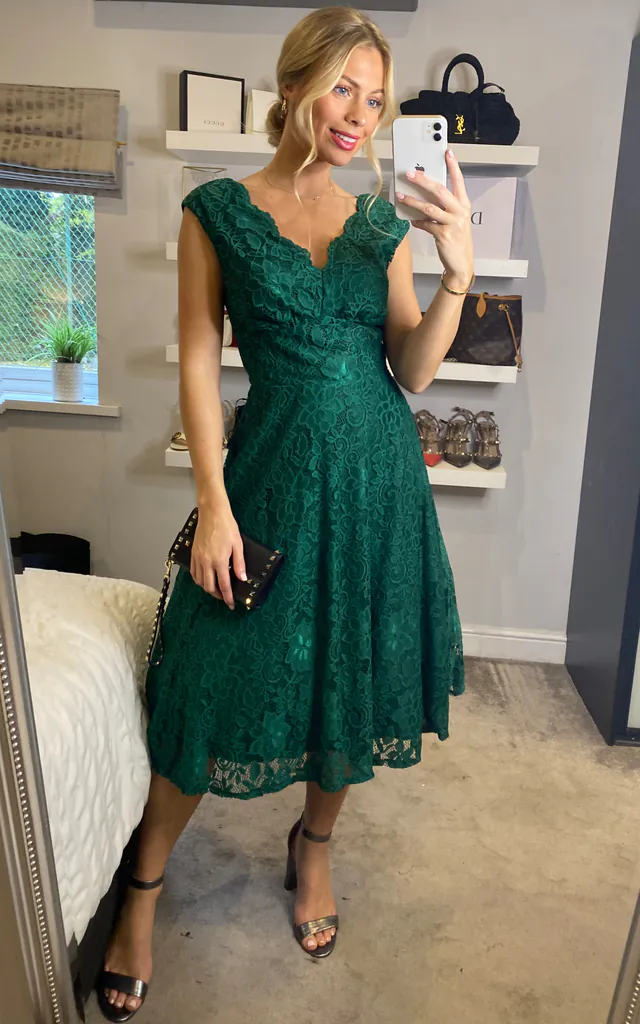 V-Neck Lace Fit And Flare Lace Dress, Green | JOLIE MOI | SilkFred V-Neck Lace Fit And Flare Lace Dress, Green | JOLIE MOI | SilkFred