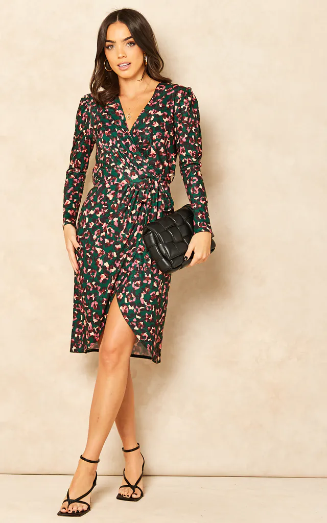 Glendale Jersey Long Sleeve Midi Wrap Dress In Green and Pink Leopard Print | Love | SilkFred Glendale Jersey Long Sleeve Midi Wrap Dress In Green and Pink Leopard Print | Love | SilkFred