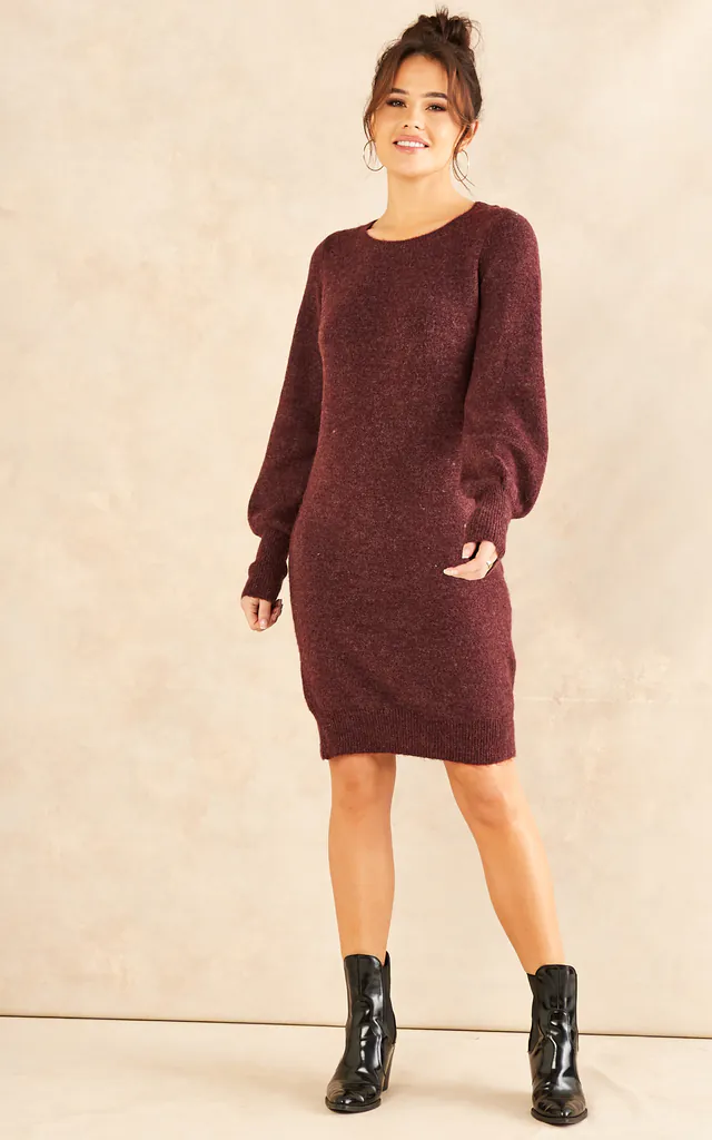 Round Neck Jumper Dress with Balloon Sleeves in Burgundy | VM | SilkFred Round Neck Jumper Dress with Balloon Sleeves in Burgundy | VM | SilkFred