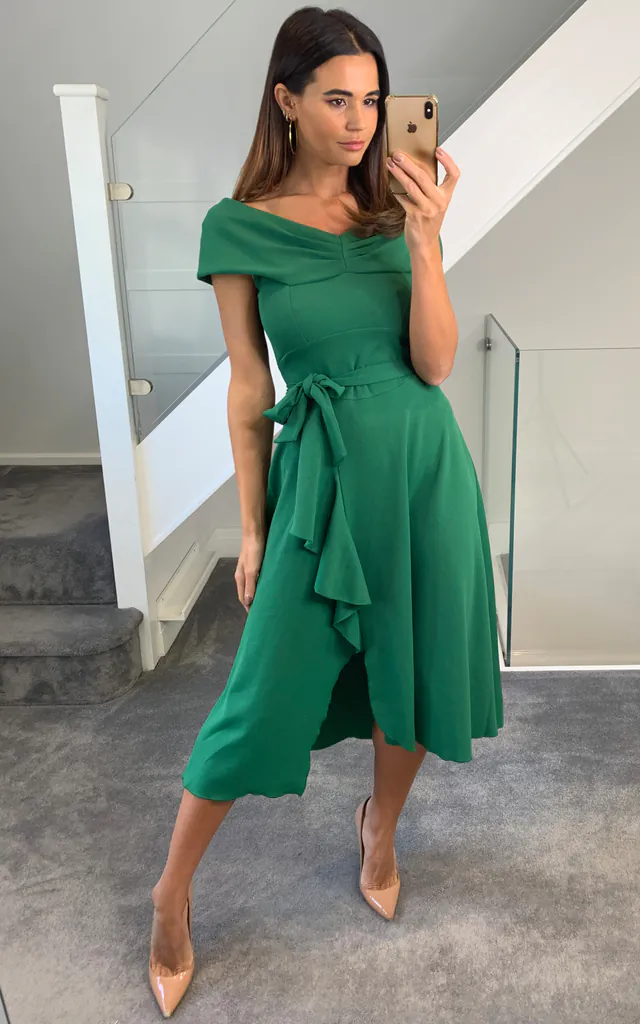 Bardot Pleat Frill Midi Dress emerald green | Feverfish | SilkFred Bardot Pleat Frill Midi Dress emerald green | Feverfish | SilkFred