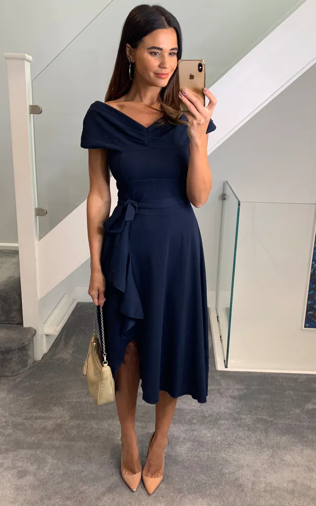 bardot off shoulder frill midi dress navy Navy Bardot Bardot Off Shoulder Frill Midi Dress Quiz Blue Bardot Ruffle Skater Midi Dress Matalan