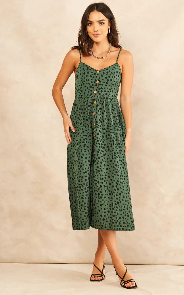 Strappy Leopard Print Button Midi Dress in Green | TENKI LONDON | SilkFred Strappy Leopard Print Button Midi Dress in Green | TENKI LONDON | SilkFred