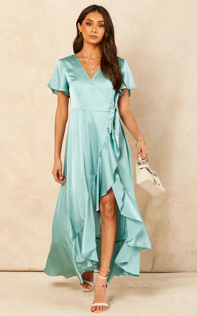 Satin Wrap Maxi Dress with Ruffled Hem in Sage Green | ANGELEYE | SilkFred Satin Wrap Maxi Dress with Ruffled Hem in Sage Green | ANGELEYE | SilkFred