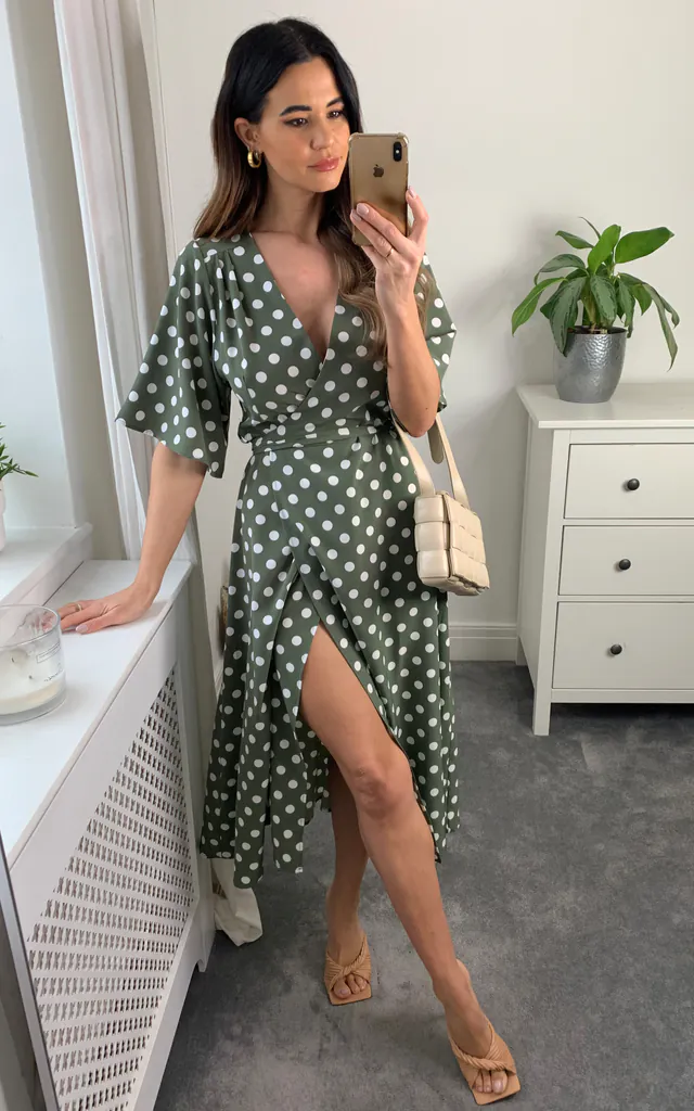 POLKA DOT MIDI WRAP DRESS IN KHAKI | Liquorish | SilkFred POLKA DOT MIDI WRAP DRESS IN KHAKI | Liquorish | SilkFred