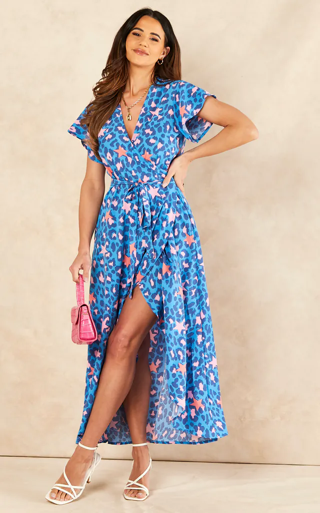 Leopard Print & Stars Midi Wrap Dress Short Sleeve Waist Tie in Blue & Pink | Sarta | SilkFred Leopard Print & Stars Midi Wrap Dress Short Sleeve Waist Tie in Blue & Pink | Sarta | SilkFred